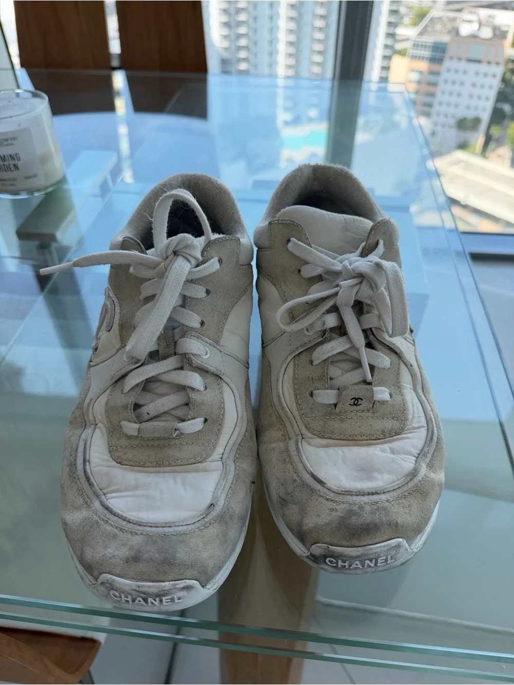 CHANEL Beige and White Suede CC Runner Sneaker
